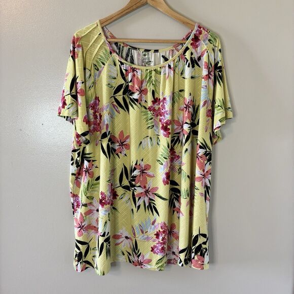 Croft & Barrow Floral Peasant Blouse Yellow Pink Textured Short Sleeve Top Sz 4X - Picture 1 of 6